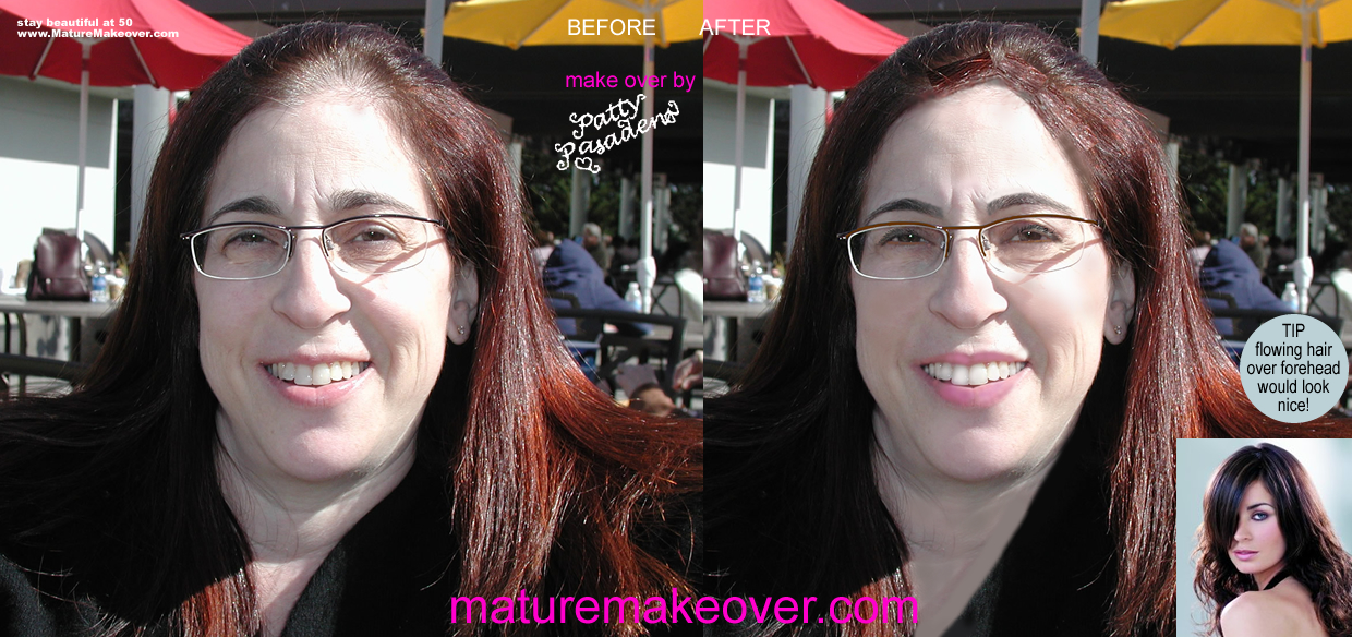 brunette makeover, makeover, make over before and after, beauty tips for women over fifty, eyelash extensions, foundation makeup, hollywood makeover, make up products, natural makeup, cosmetics, beauty makeup, natural beauty, organic beauty, brunette hair with waves, brunnette hair, cover receding hair line, gray hair growth, conceal scalp, female balding